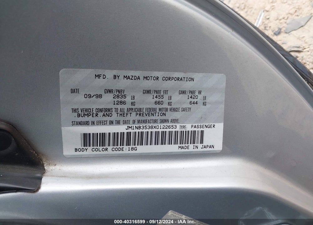 1999 MAZDA MX-5 MIATA LEATHER PKG/POPULAR EQUIPMENT PKG/SPORTS PKG/TOURING PKG VIN: JM1NB3538X0122653
