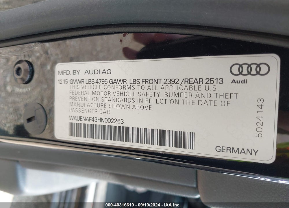 2017 AUDI A4 2.0T PREMIUM VIN: WAUENAF43HN002263