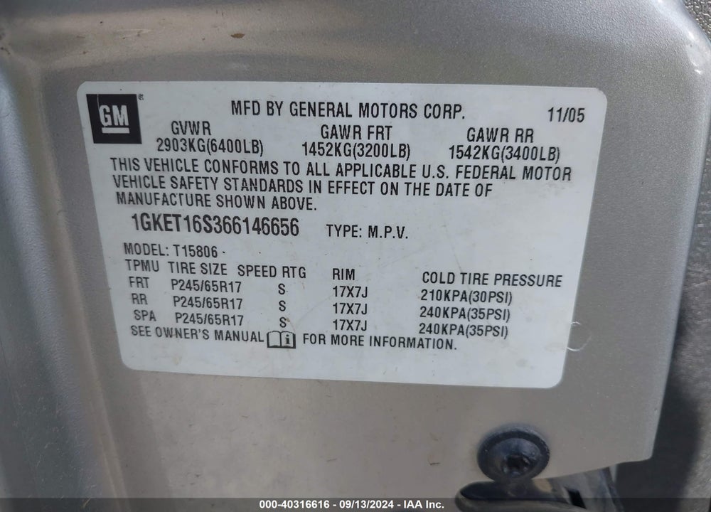 2006 GMC ENVOY XL SLE VIN: 1GKET16S366146656