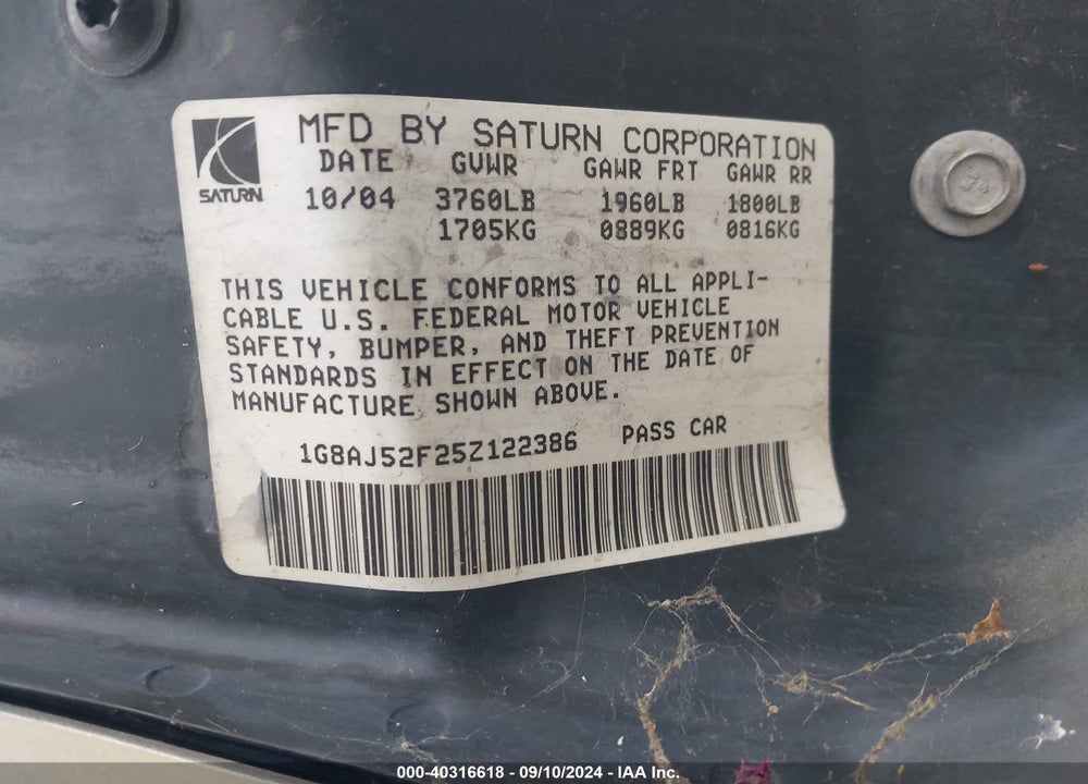 2005 SATURN ION 2 VIN: 1G8AJ52F25Z122386