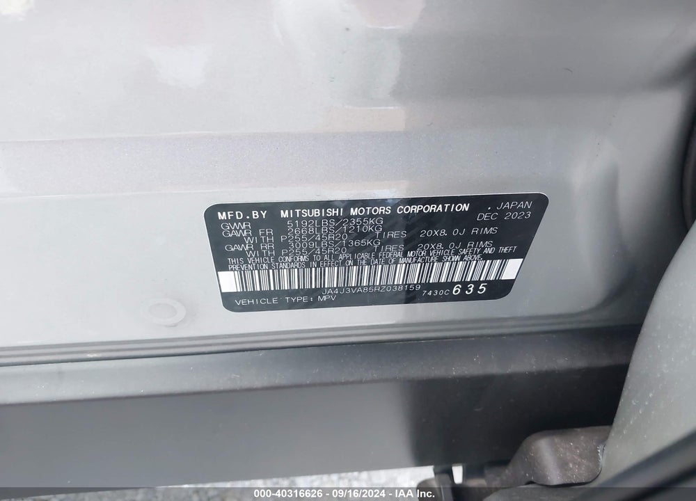 2024 MITSUBISHI OUTLANDER SE 2.5 2WD/SE BLACK EDITION S-AWC/SE BLACK EDITION W/PANO ROOF VIN: JA4J3VA85RZ038159