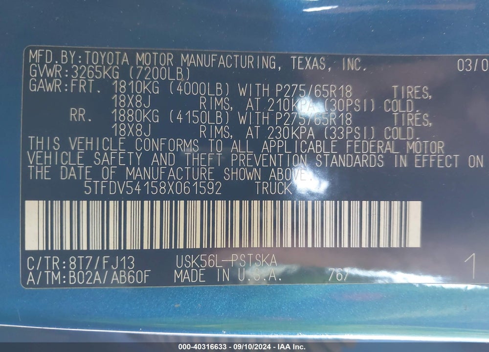 2008 TOYOTA TUNDRA SR5 5.7L V8 VIN: 5TFDV54158X061592