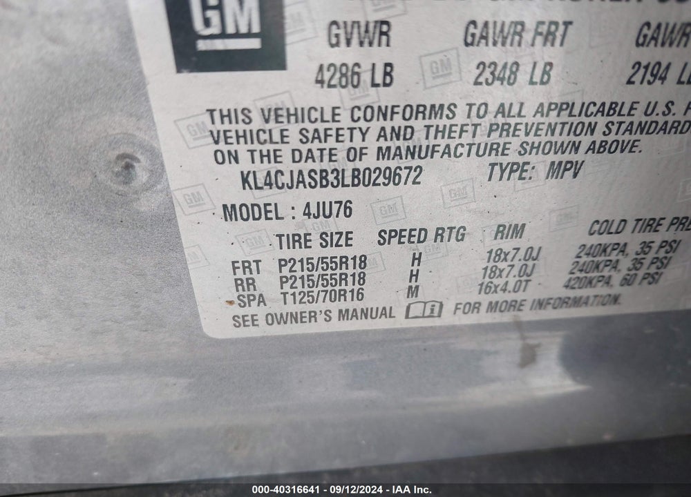2020 BUICK ENCORE VIN: KL4CJASB3LB029672