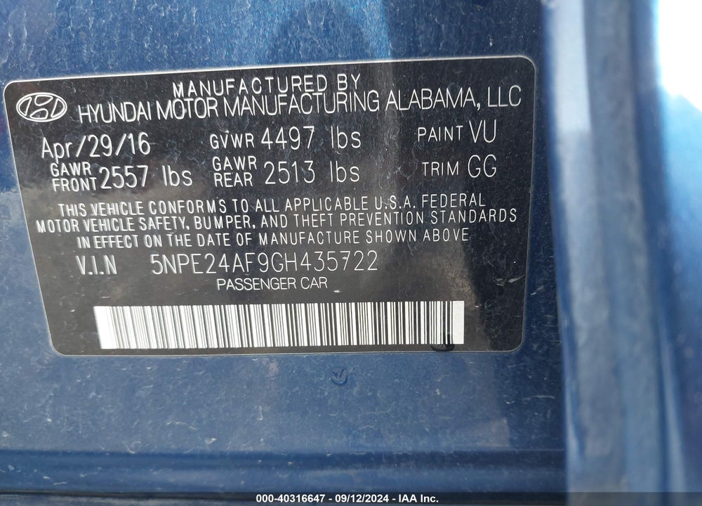 2016 HYUNDAI SONATA SE VIN: 5NPE24AF9GH435722