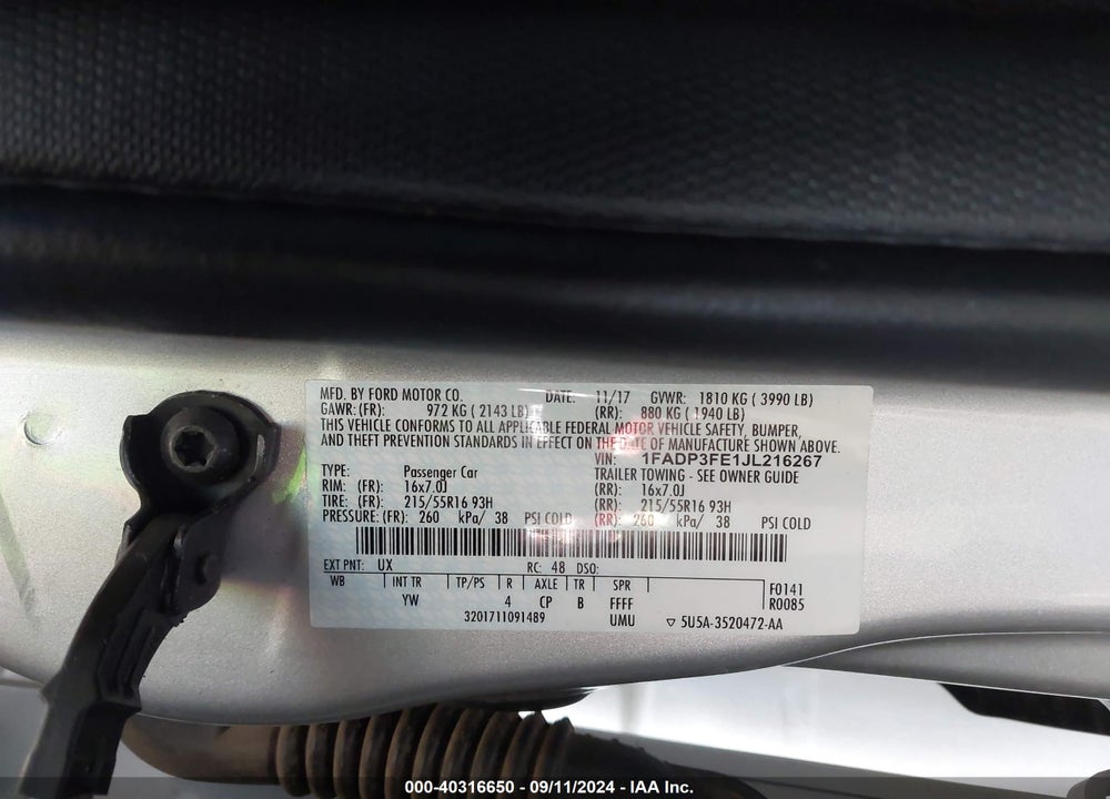 2018 FORD FOCUS SE VIN: 1FADP3FE1JL216267