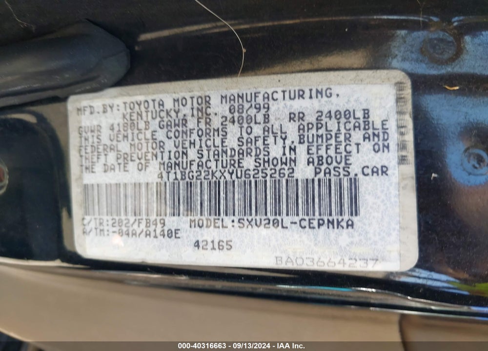 2000 TOYOTA CAMRY LE VIN: 4T1BG22KXYU625262