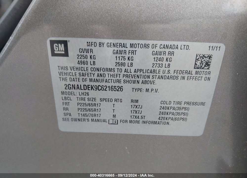 2012 CHEVROLET EQUINOX 1LT VIN: 2GNALDEK9C6216526
