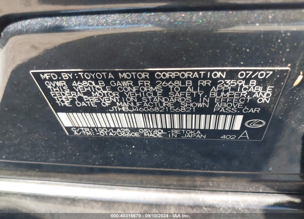 2008 LEXUS ES 350 VIN: JTHBJ46G682156821