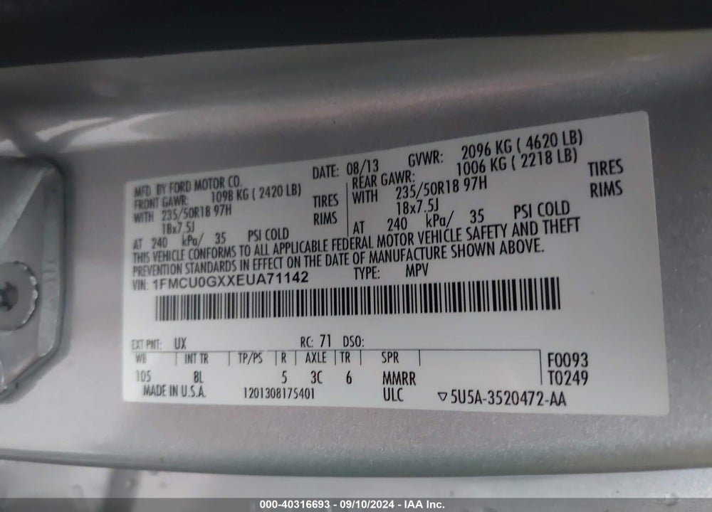 2014 FORD ESCAPE SE VIN: 1FMCU0GXXEUA71142