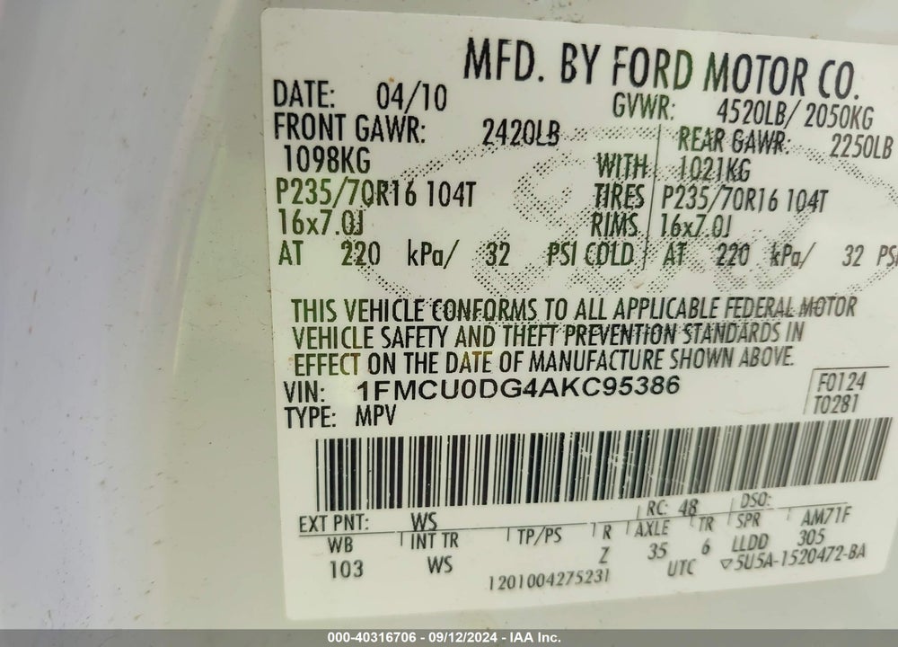 2010 FORD ESCAPE XLT VIN: 1FMCU0DG4AKC95386