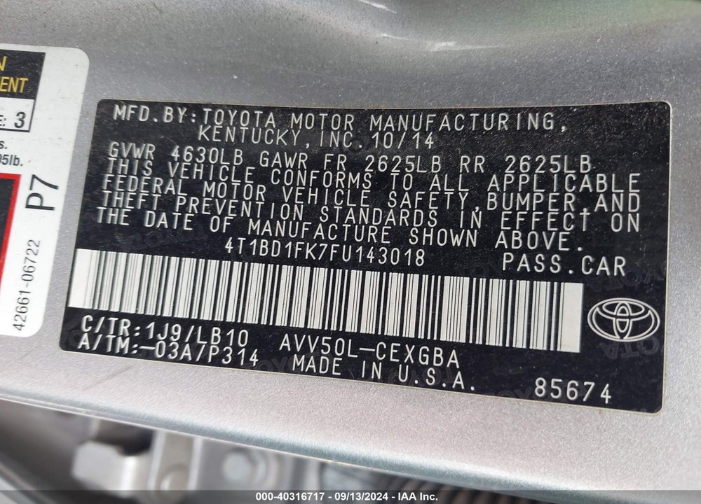 2015 TOYOTA CAMRY HYBRID XLE VIN: 4T1BD1FK7FU143018