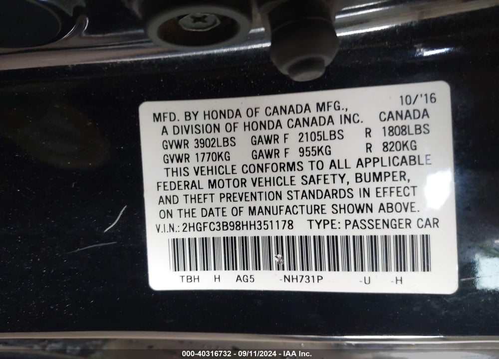2017 HONDA CIVIC TOURING VIN: 2HGFC3B98HH351178