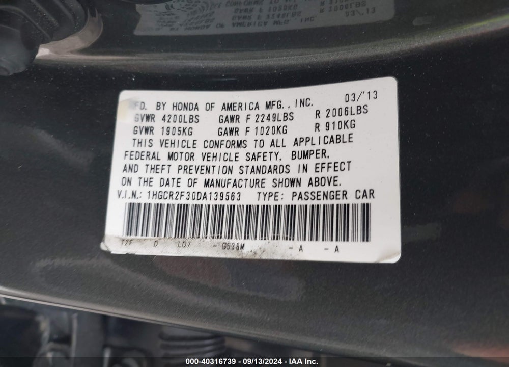2013 HONDA ACCORD LX VIN: 1HGCR2F30DA139563