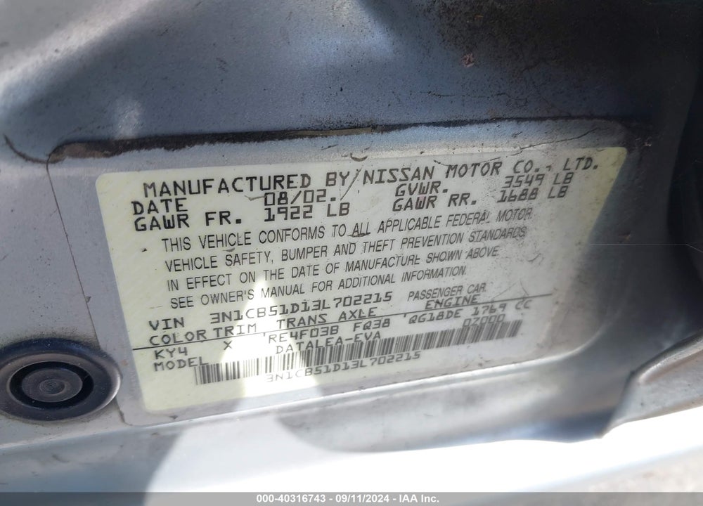 2003 NISSAN SENTRA GXE/XE VIN: 3N1CB51D13L702215