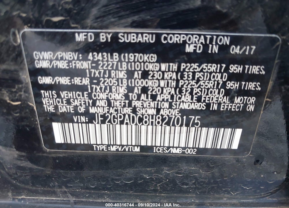 2017 SUBARU CROSSTREK 2.0I PREMIUM VIN: JF2GPADC8H8270175