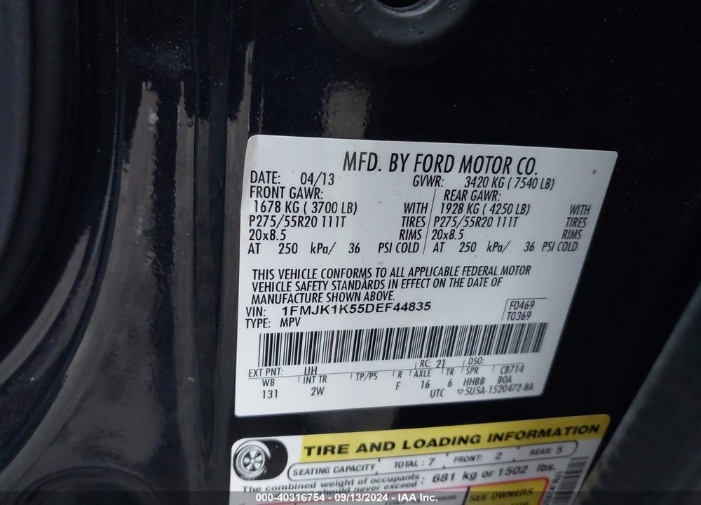 2013 FORD EXPEDITION EL LIMITED VIN: 1FMJK1K55DEF44835