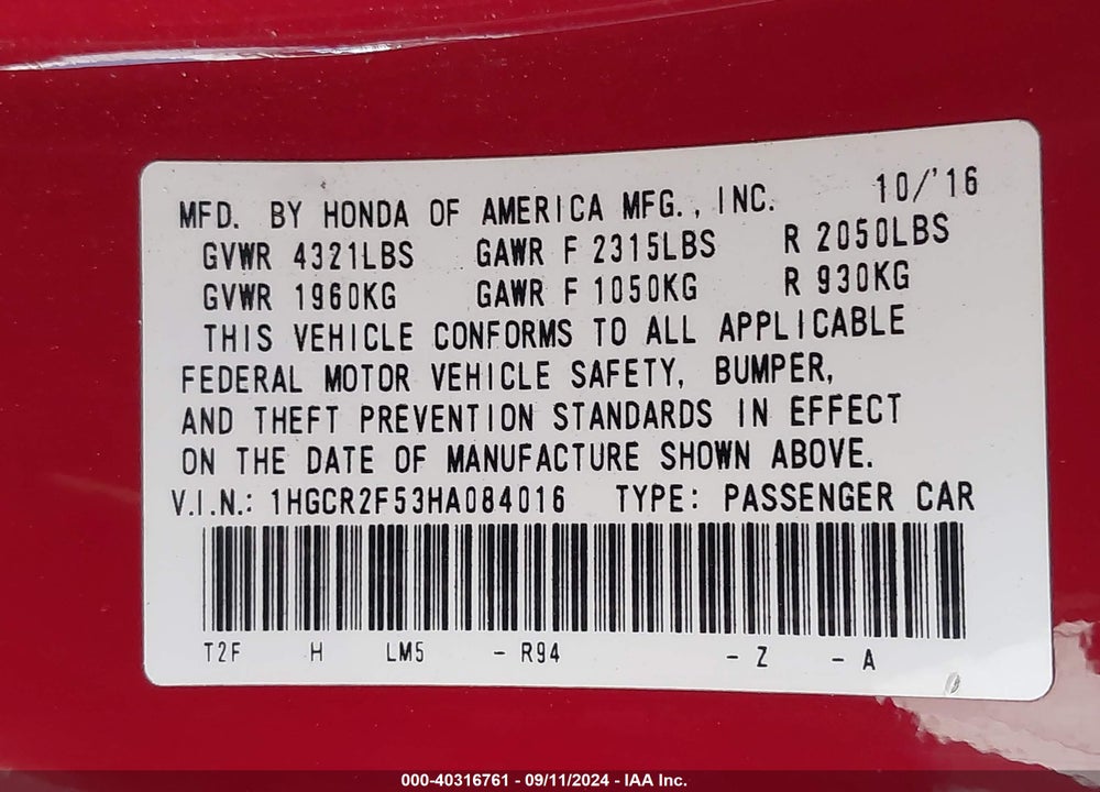 2017 HONDA ACCORD SPORT VIN: 1HGCR2F53HA084016