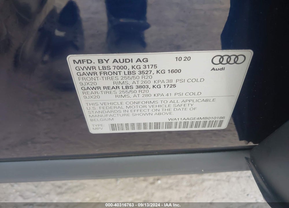 2021 AUDI E-TRON SPORTBACK PREMIUM QUATTRO VIN: WA11AAGE4MB010186