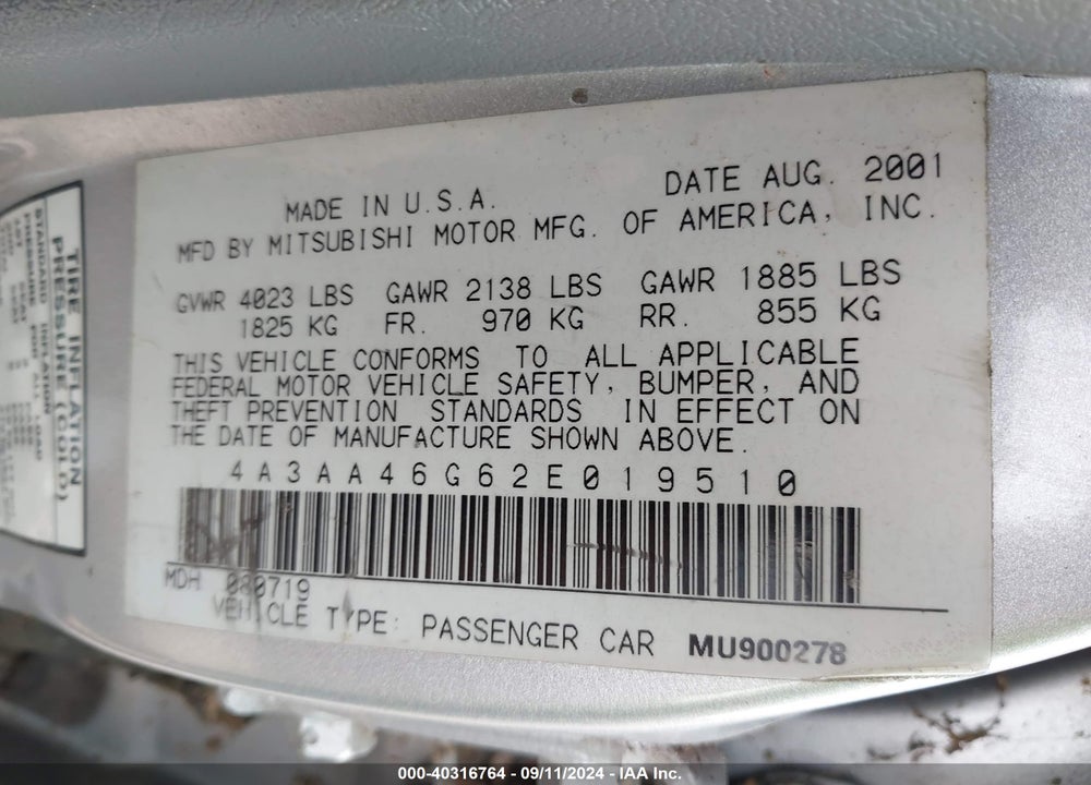 2002 MITSUBISHI GALANT ES/LS VIN: 4A3AA46G62E019510