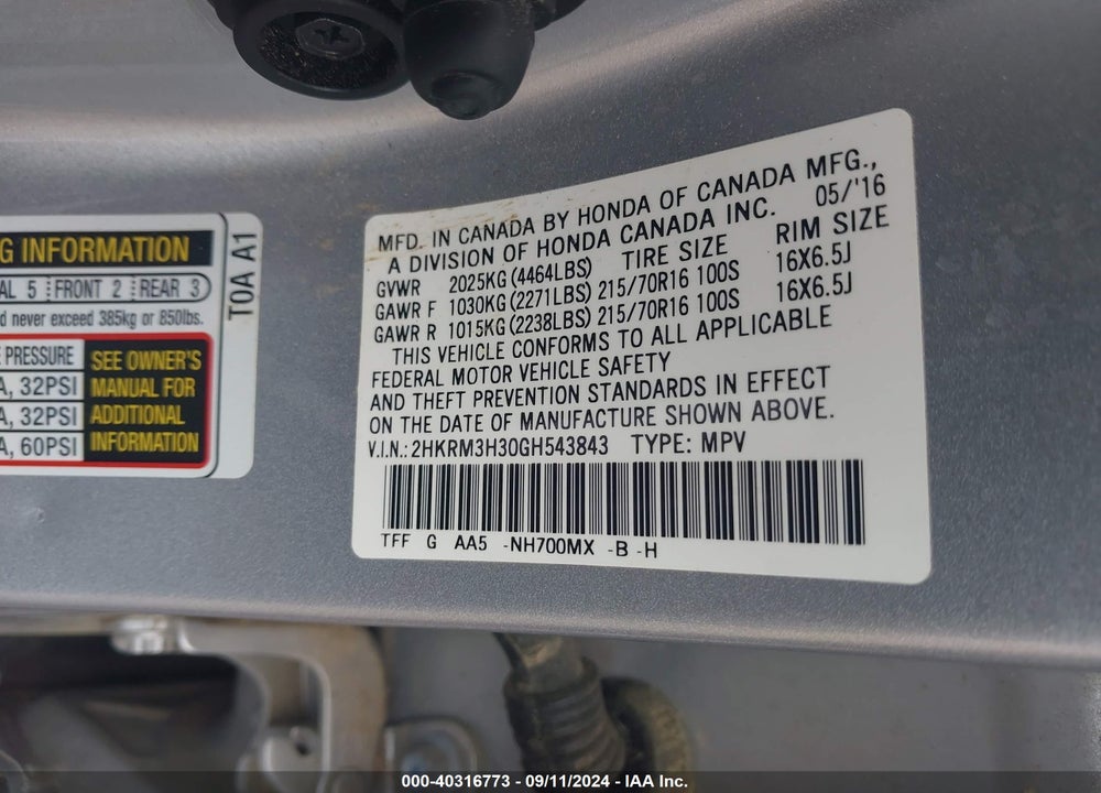 2016 HONDA CR-V LX VIN: 2HKRM3H30GH543843