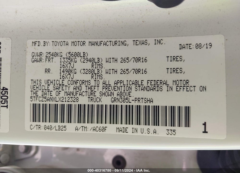 2020 TOYOTA TACOMA TRD PRO VIN: 5TFCZ5ANXLX212328