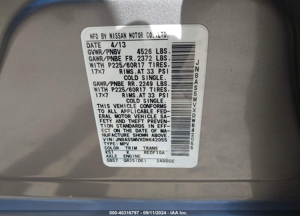 2013 NISSAN ROGUE SV VIN: JN8AS5MVXDW642055