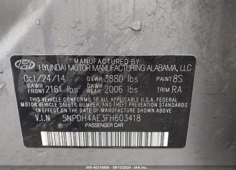 2015 HYUNDAI ELANTRA LIMITED VIN: 5NPDH4AE3FH603418