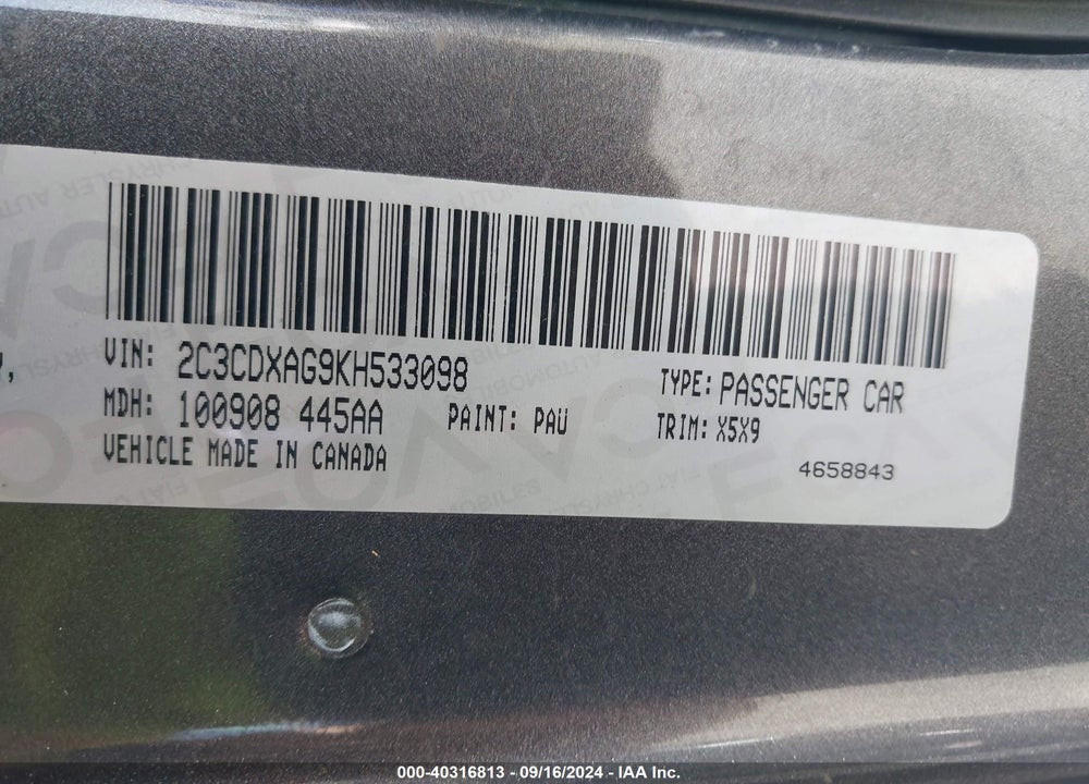 2019 DODGE CHARGER POLICE RWD VIN: 2C3CDXAG9KH533098