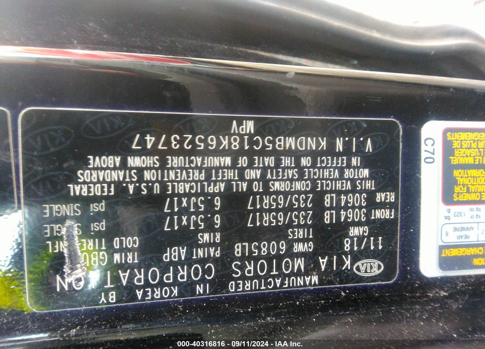2019 KIA SEDONA LX VIN: KNDMB5C18K6523747