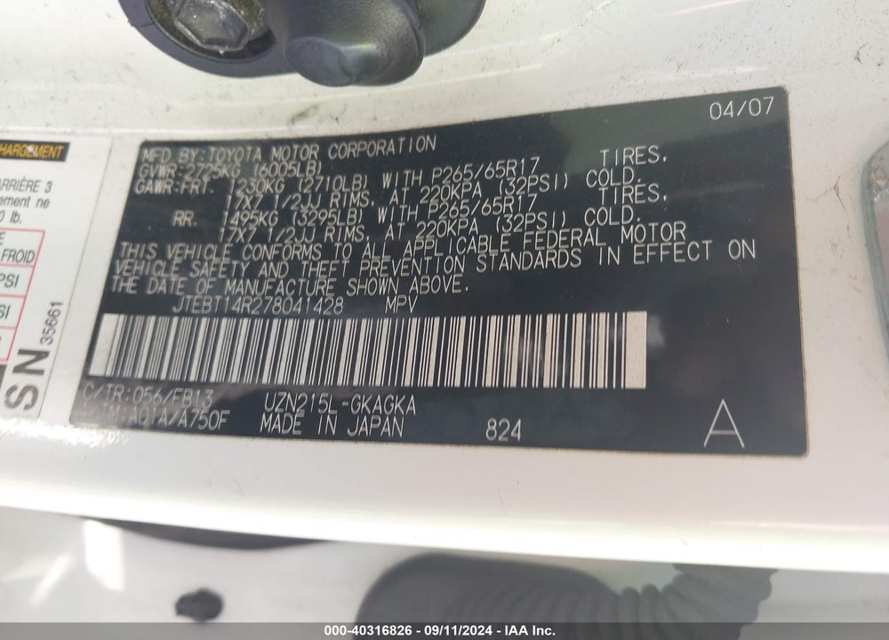 2007 TOYOTA 4RUNNER SPORT V8 VIN: JTEBT14R278041428