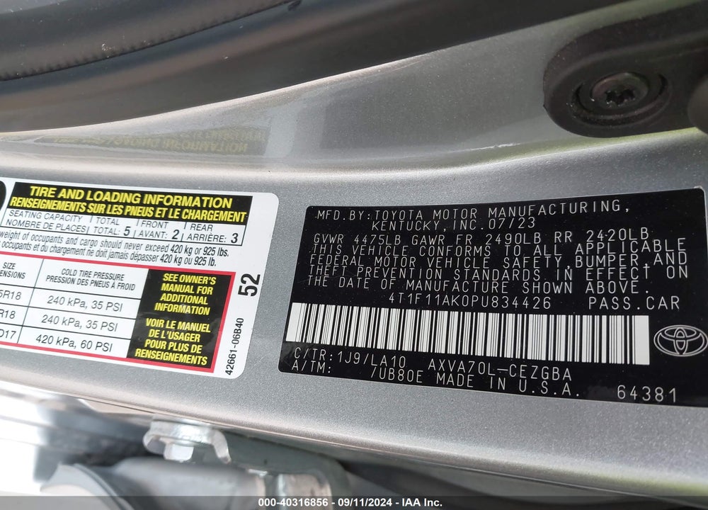 2023 TOYOTA CAMRY XLE VIN: 4T1F11AK0PU834426