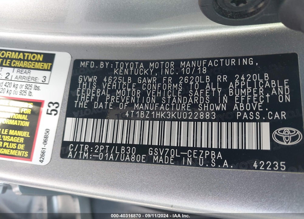 2019 TOYOTA CAMRY XSE V6 VIN: 4T1BZ1HK3KU022883