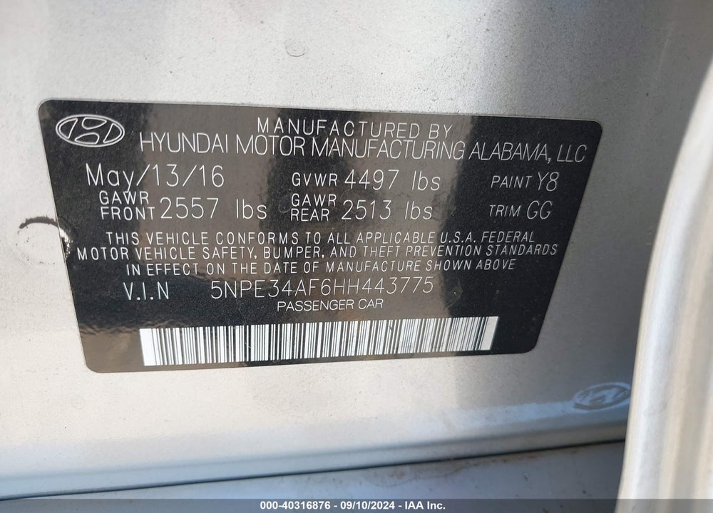 2017 HYUNDAI SONATA SPORT VIN: 5NPE34AF6HH443775