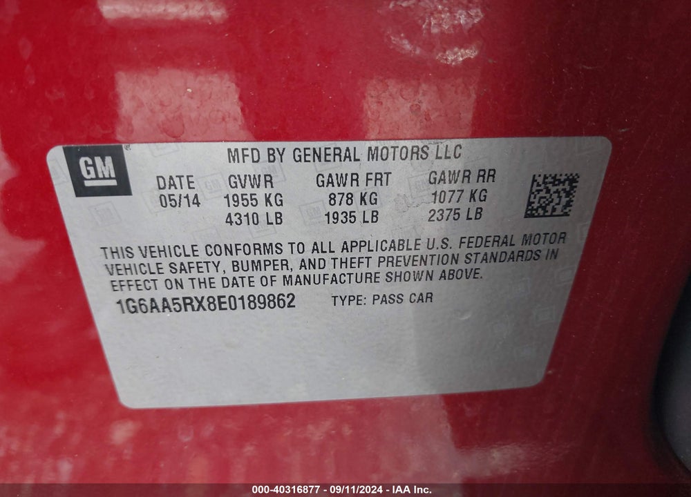 2014 CADILLAC ATS STANDARD VIN: 1G6AA5RX8E0189862