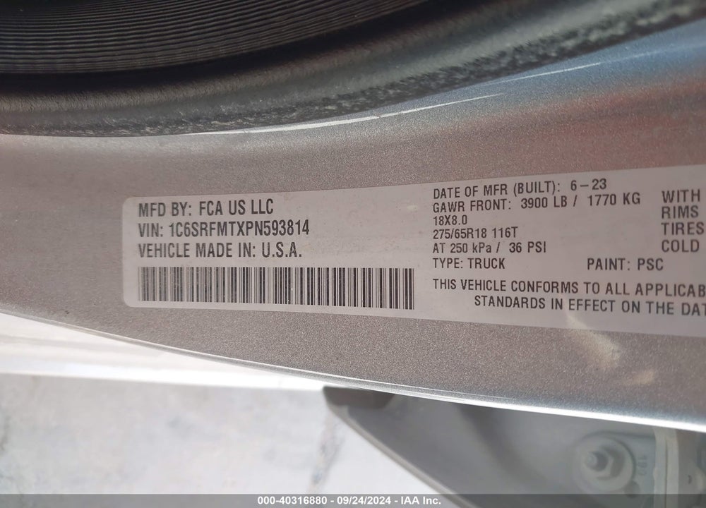 2023 RAM 1500 LONE STAR 4X4 6'4 BOX VIN: 1C6SRFMTXPN593814