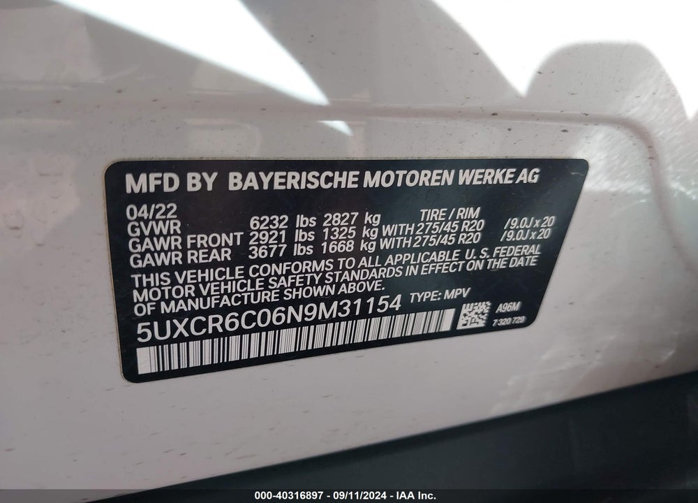 2022 BMW X5 XDRIVE40I VIN: 5UXCR6C06N9M31154