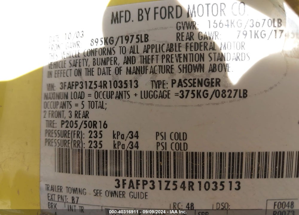 2004 FORD FOCUS ZX3 VIN: 3FAFP31Z54R103513