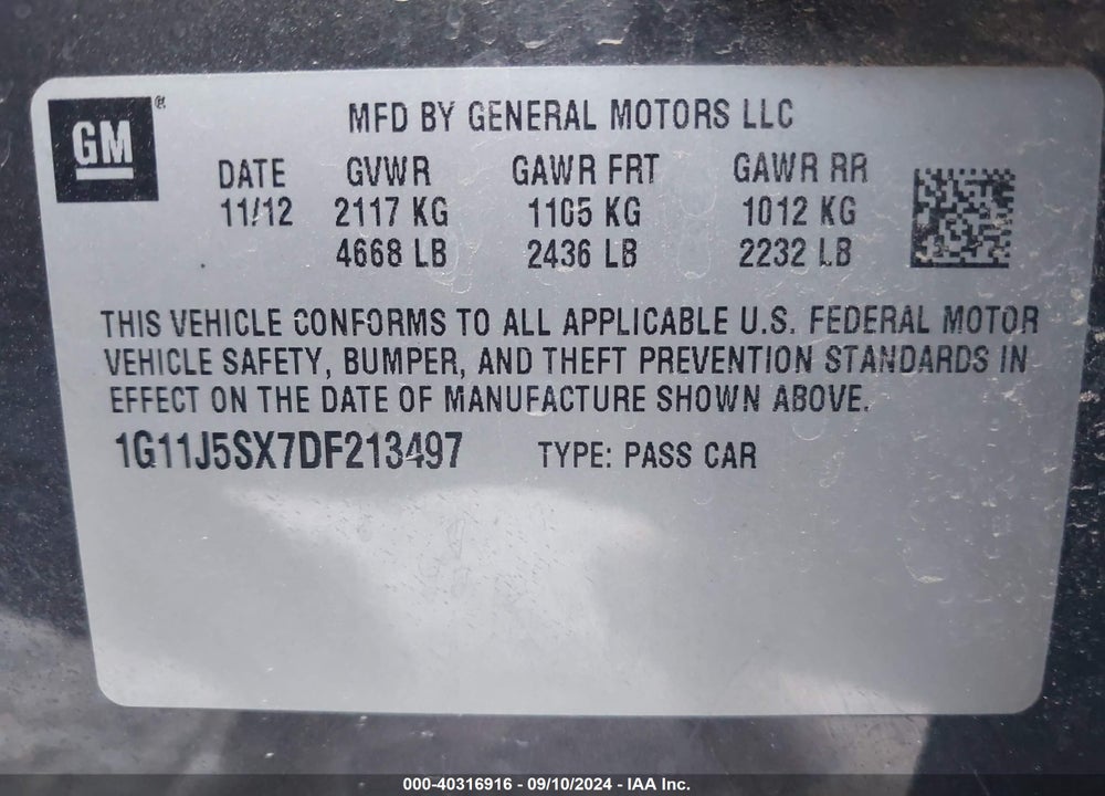2013 CHEVROLET MALIBU 2LZ VIN: 1G11J5SX7DF213497