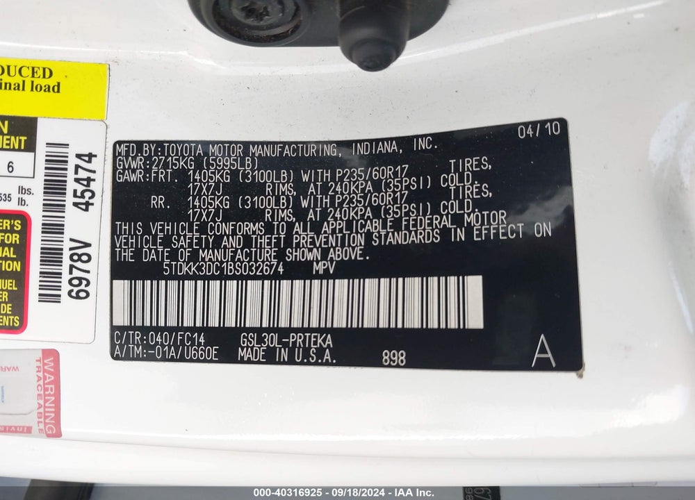 2011 TOYOTA SIENNA LE V6 VIN: 5TDKK3DC1BS032674