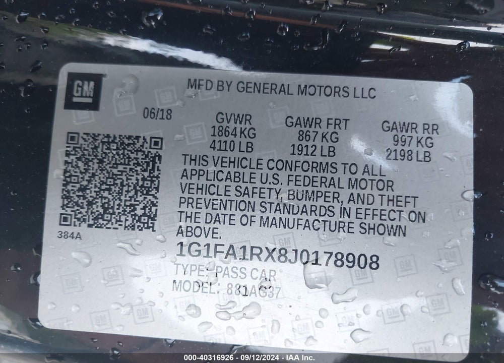 2018 CHEVROLET CAMARO 1LS VIN: 1G1FA1RX8J0178908