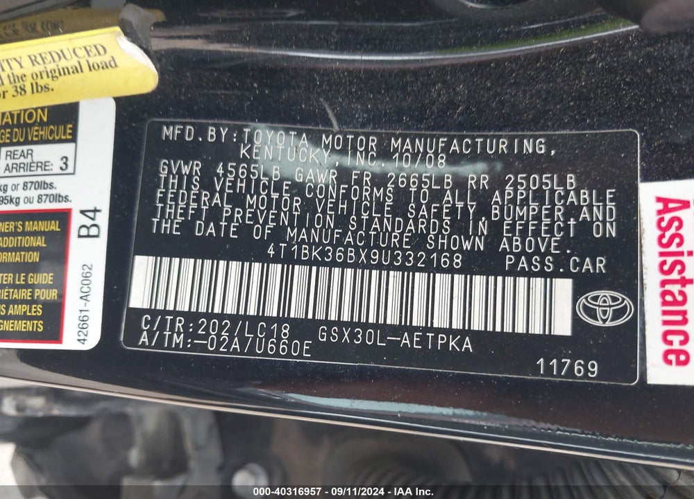 2009 TOYOTA AVALON LIMITED VIN: 4T1BK36BX9U332168