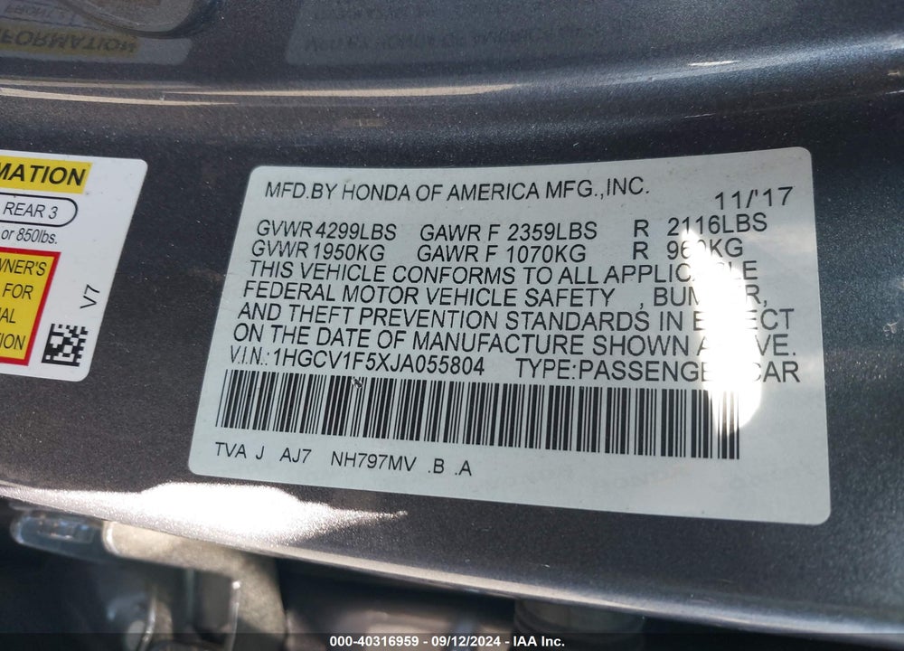 2018 HONDA ACCORD EX-L VIN: 1HGCV1F5XJA055804