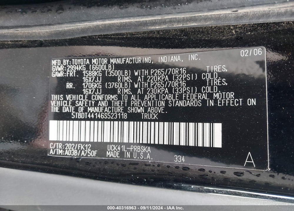 2006 TOYOTA TUNDRA SR5 V8 VIN: 5TBDT44146S523118