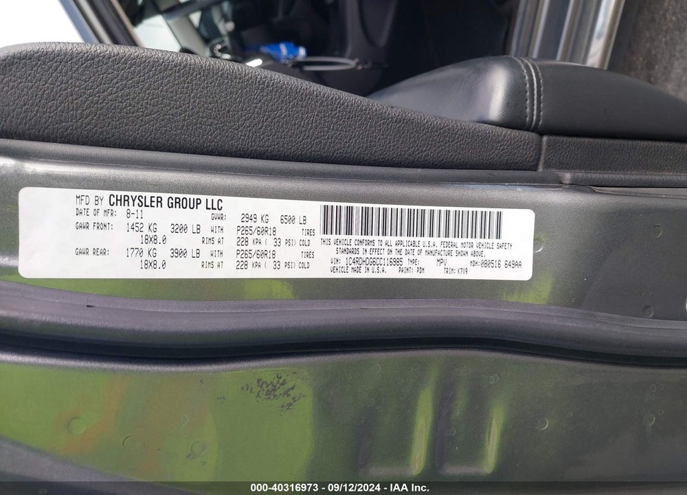 2012 DODGE DURANGO CREW VIN: 1C4RDHDG6CC116985