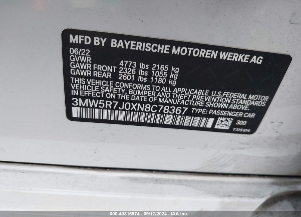 2022 BMW 330I XDRIVE VIN: 3MW5R7J0XN8C78367