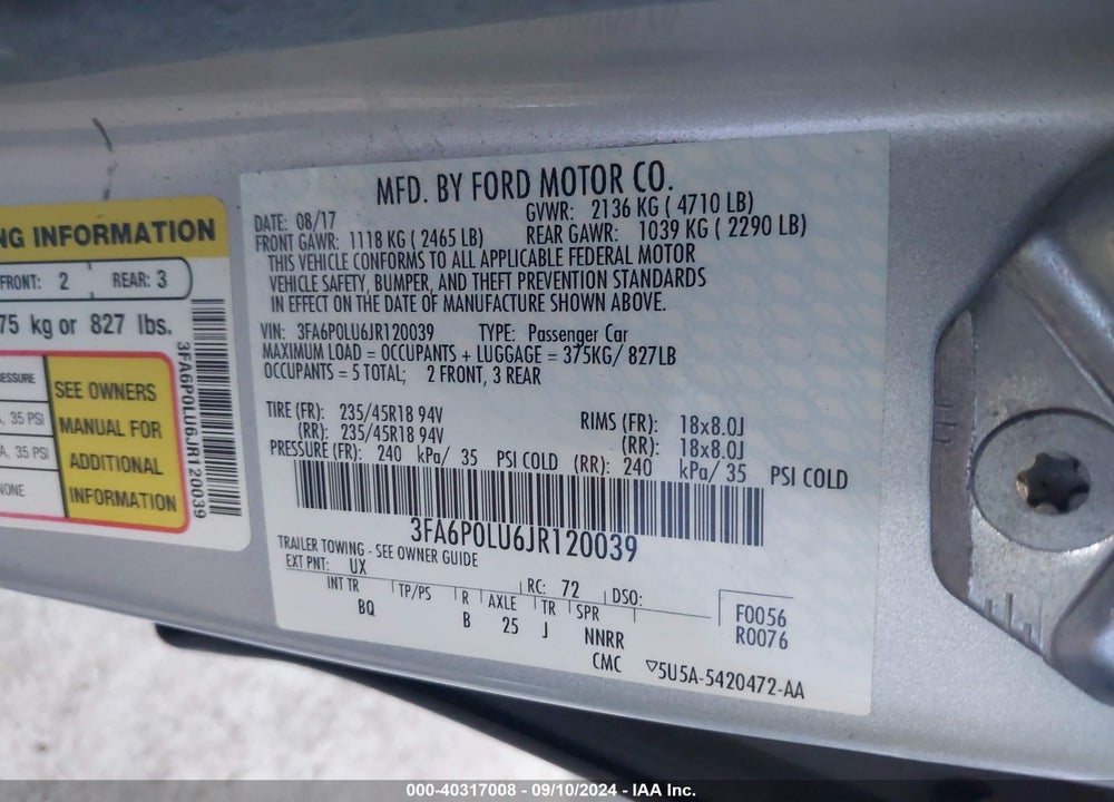 2018 FORD FUSION HYBRID SE VIN: 3FA6P0LU6JR120039