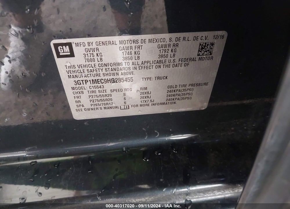 2017 GMC SIERRA 1500 SLE VIN: 3GTP1MEC9HG285455