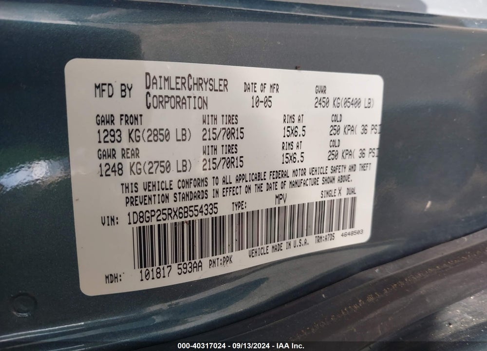 2006 DODGE CARAVAN VIN: 1D8GP25RX6B554335