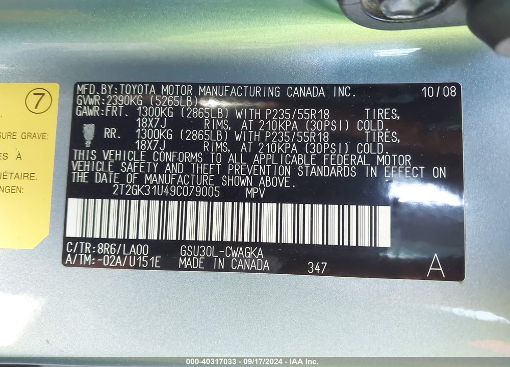 2009 LEXUS RX 350 VIN: 2T2GK31U49C079005
