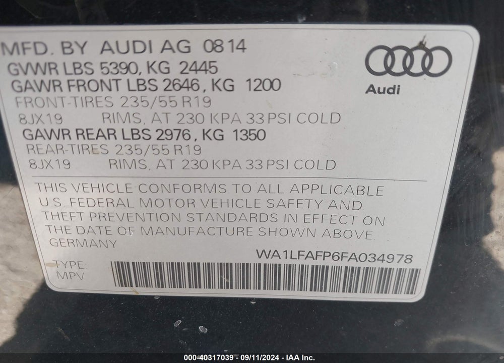2015 AUDI Q5 2.0T PREMIUM VIN: WA1LFAFP6FA034978